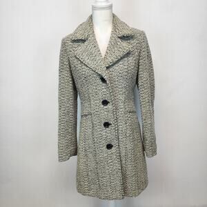 𝅺Giacca Womens Mid Length Tweed Wool Coat Size M Ivory Black Single Breast City